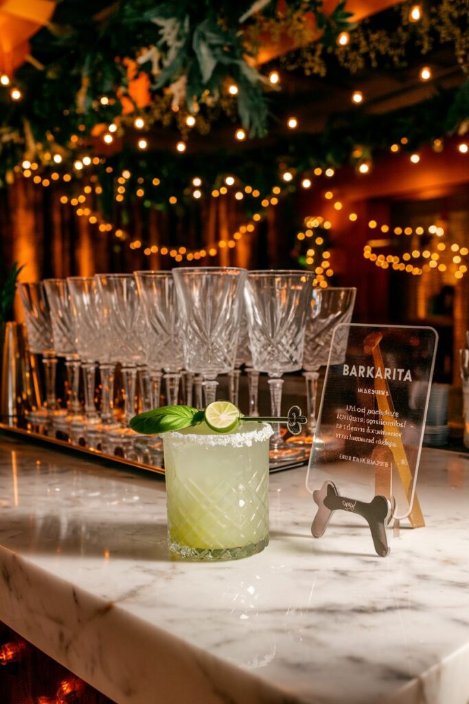 A pale-green Barkarita in a salt-rimmed glass garnished with a basil leaf and lime wheel, a dog-bone stir stick beside a menu card illustrated with a golden retrieve