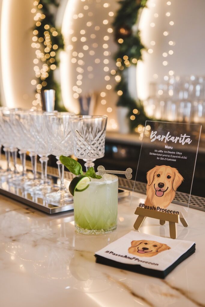 A salt-crusted glass of Barkarita with a basil leaf, lime wheel, and bone-shaped stir stick in front of a sleek menu listing