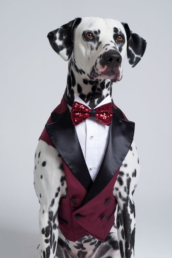 A spotted Dalmatian in a tailored deep burgundy tuxedo vest paired with a glittering red sequin bow tie, demonstrating pet bow tie style and cute pet fashion