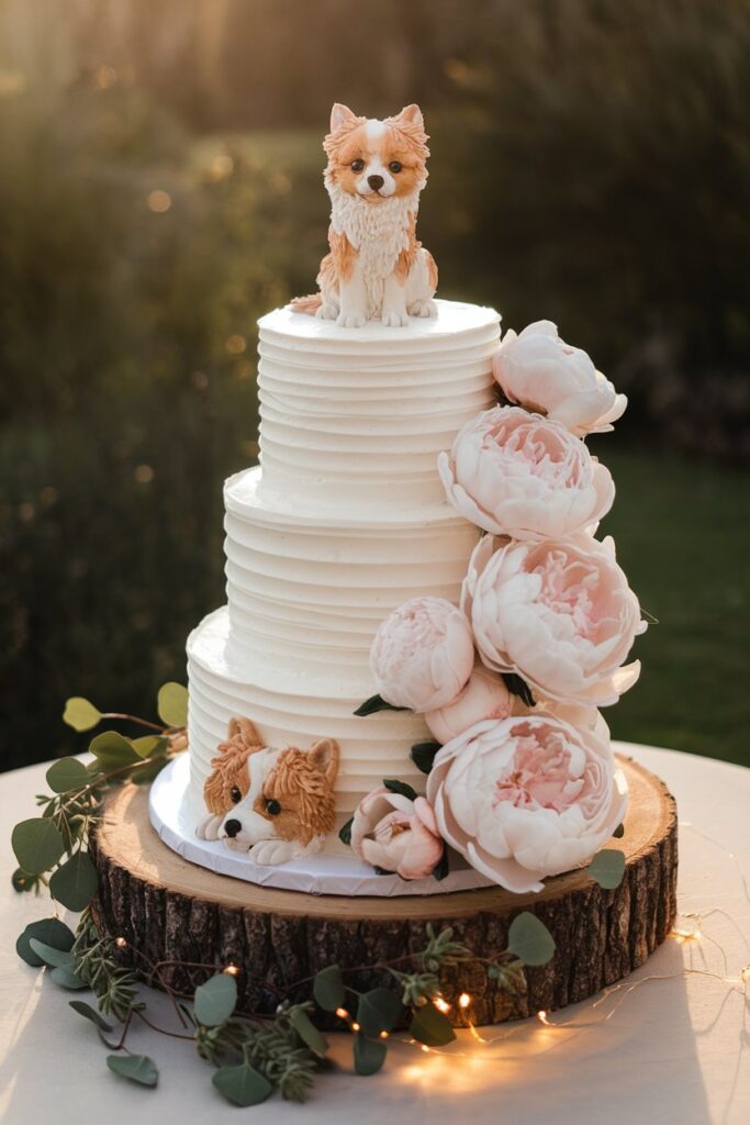 An elegant buttercream cake with piped lace appliqués, cascading mirror-glaze drips, and a bespoke pet figurine on top, perfect for custom pet cake topper ideas