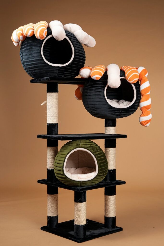 Aesthetic cat tree inspired by gunkan sushi with overflowing plush toppings and vertical pods—perfect for stylish, modern cat furniture lovers.