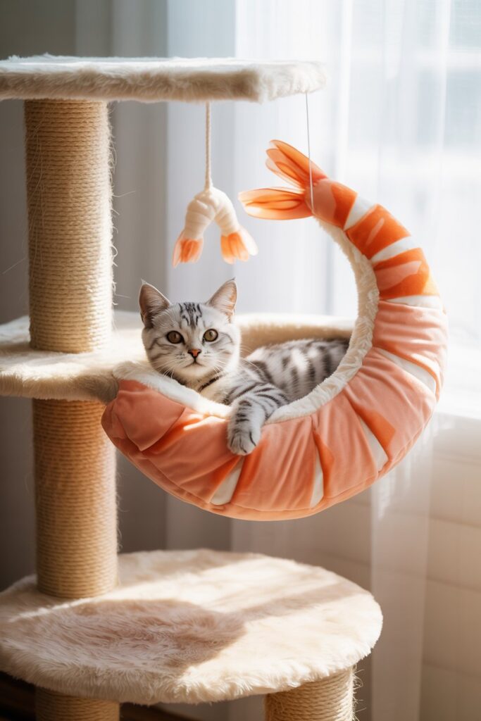 Aesthetic cat tree shaped like shrimp sushi roll – must-have for themed pet furniture.