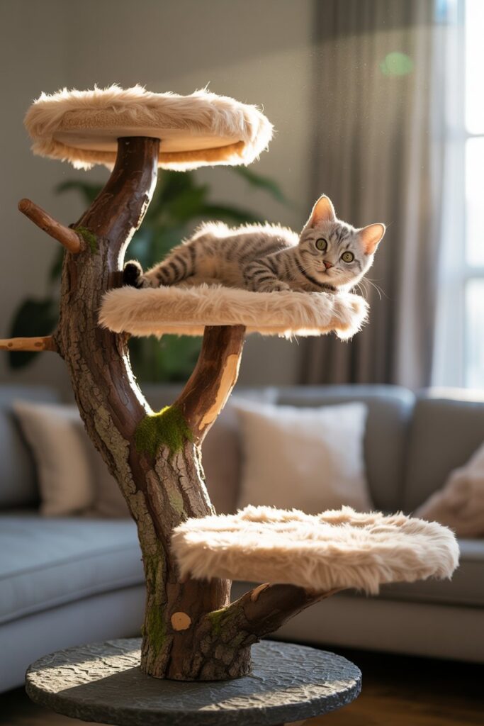 Modern cat tree made from authentic tree limbs, with earthy tones and soft platforms for a cozy, nature-inspired living space.