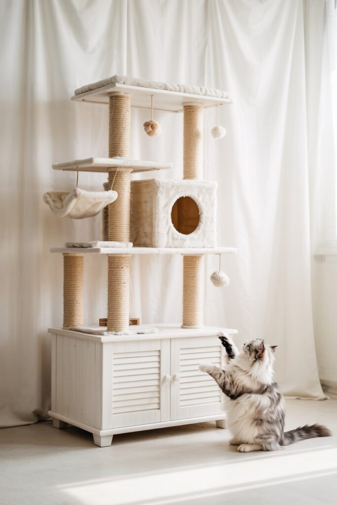 All-white multi-level cat tree with sisal scratching posts, plush hammock, and hanging white pom-pom toys—sleek indoor cat condo