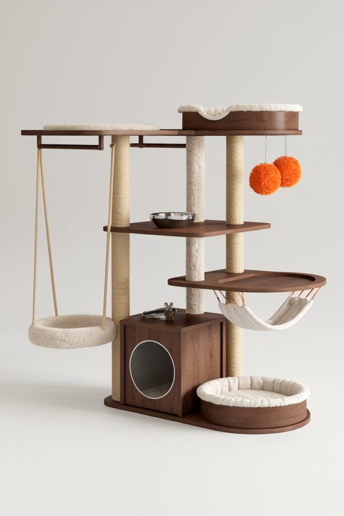 All‑in‑one cat tower with feeding station, hammock swing & secret litter box — modern cat furniture that matches farmhouse décor