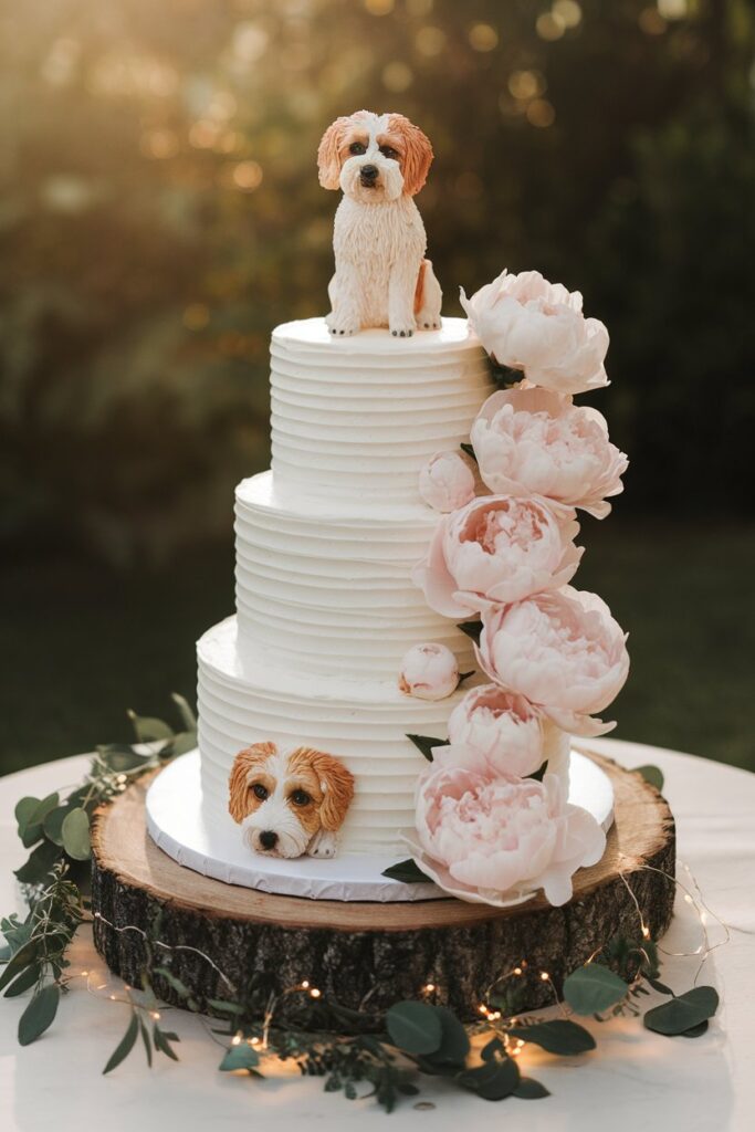 A grand wedding cake showcasing clear acrylic floral spacers between tiers, delicate sugar blossoms, and a personalized pet sculpture for pet cake topper wedding designs