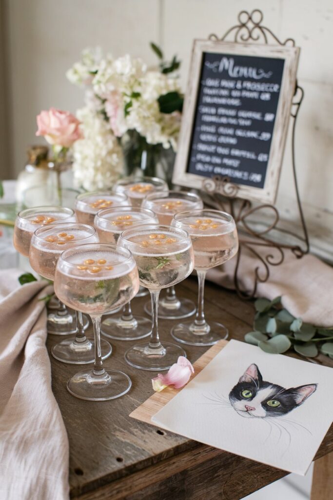 An elegant row of Paws & Prosecco cocktails on a reclaimed-wood bar table, elderflower prosecco garnished with rose petals and paw prints