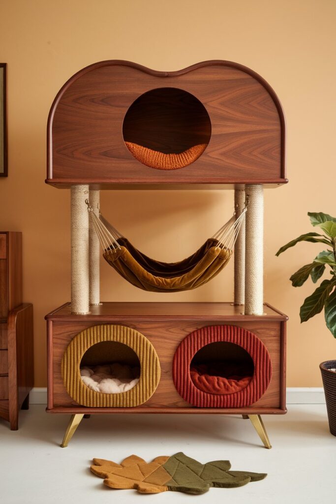 Atomic-era ceramic vase with dried wheat next to a brass-accented cat fortress in mid-century modern style.