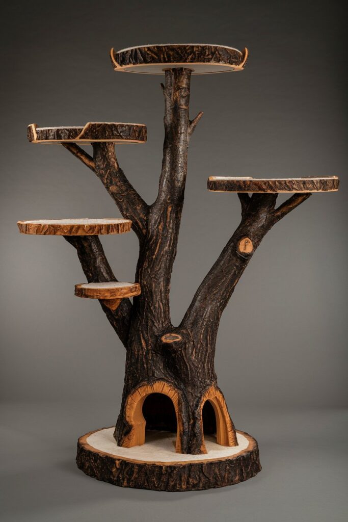 Boho-style cat tree with tree bark elements, elevated platforms, and integrated greenery, styled for modern apartment living.