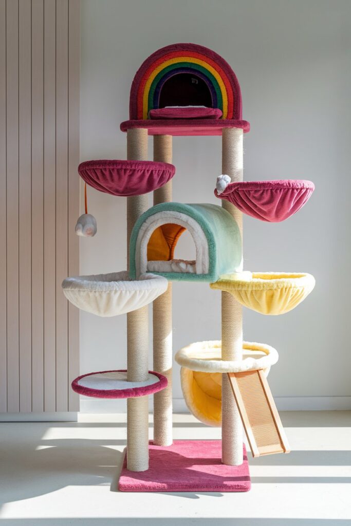 Bright rainbow cat tree styled like sushi – aesthetic cat product for playful felines and stylish homes.