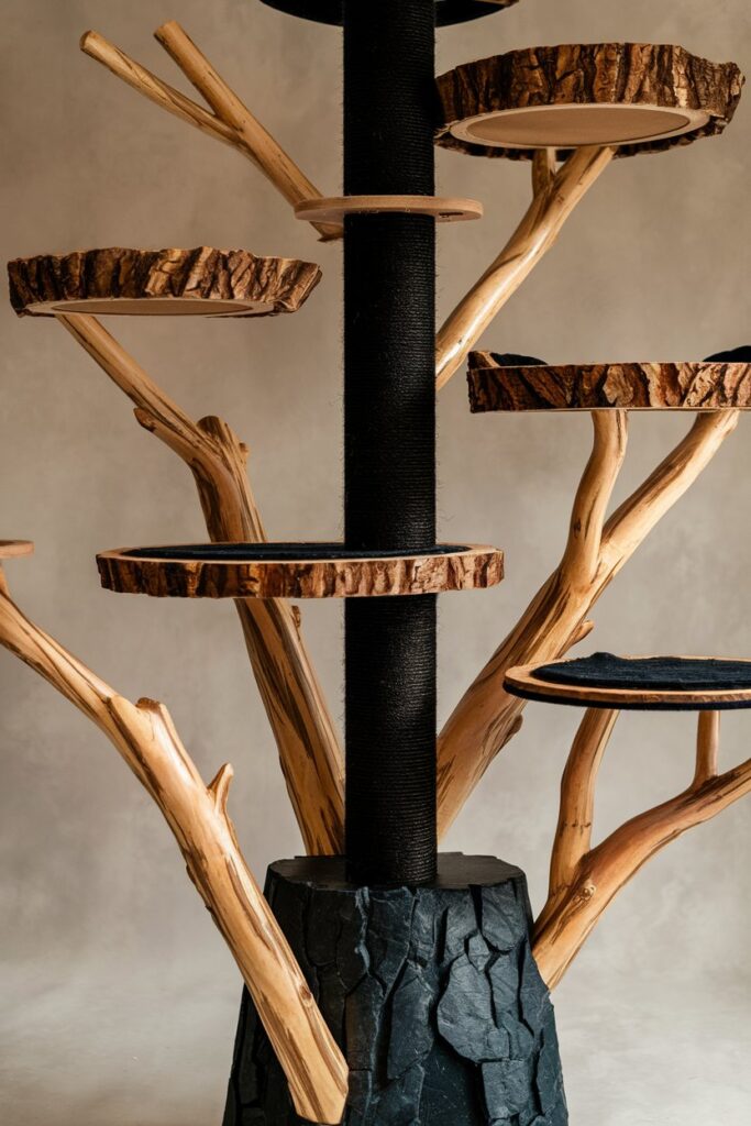 Realistic cat tree with organic curves and detailed bark, made for homes that blend nature and modern pet design.