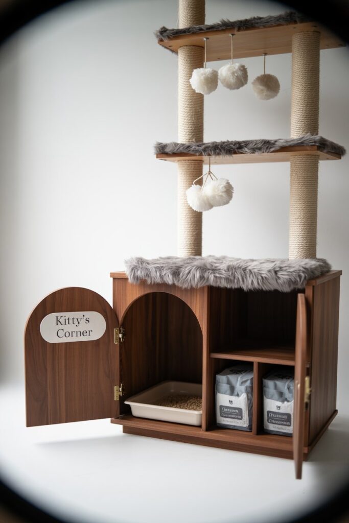 Cat tree litter box combo for small apartments; scratch‑proof posts, top nest bed & storage for extra clumping litter.