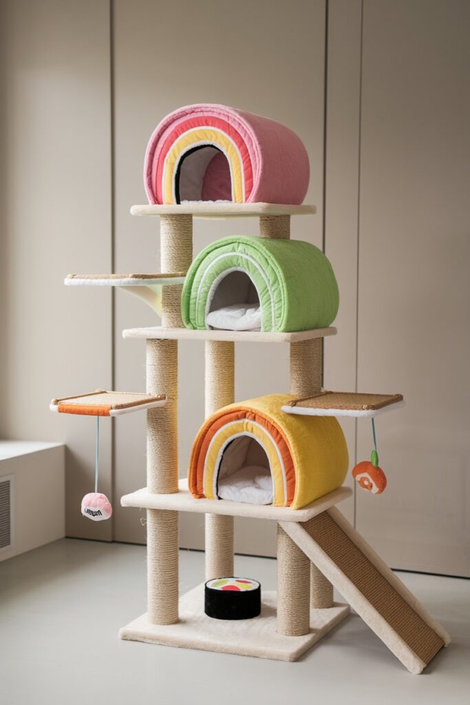 Colorful rainbow sushi cat tree with stacked layers and fish-inspired platforms – fun & bold pet furniture