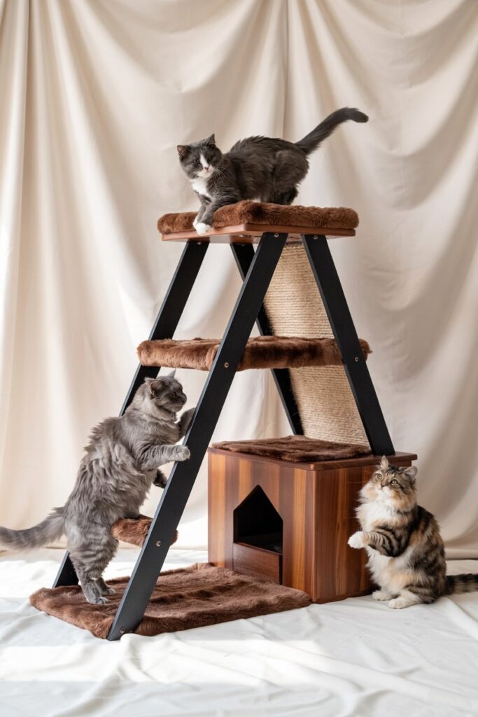 Contemporary cat playground with plush platforms, hanging toys, sisal scratch ramp & litter box enclosure