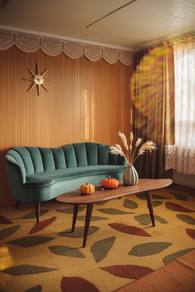 Cozy 1950s autumn living room honey-oak vertical wood paneling, kidney-shaped teal velvet sofa with rust-orange boucle throw, walnut boomerang coffee table