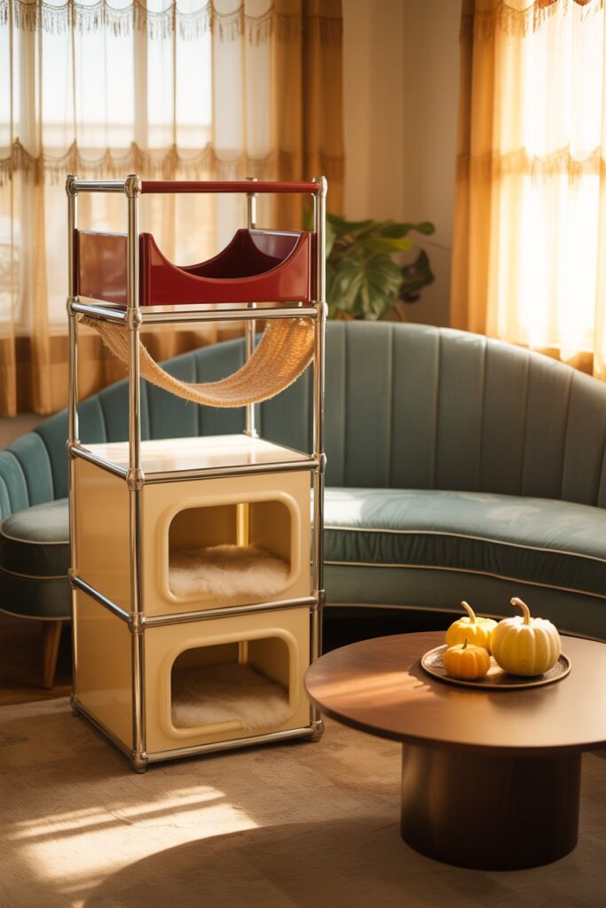 Cozy home decor pin retro radio-style cat fortress with velvet beds, sisal columns, and warm wood panel backdrop.
