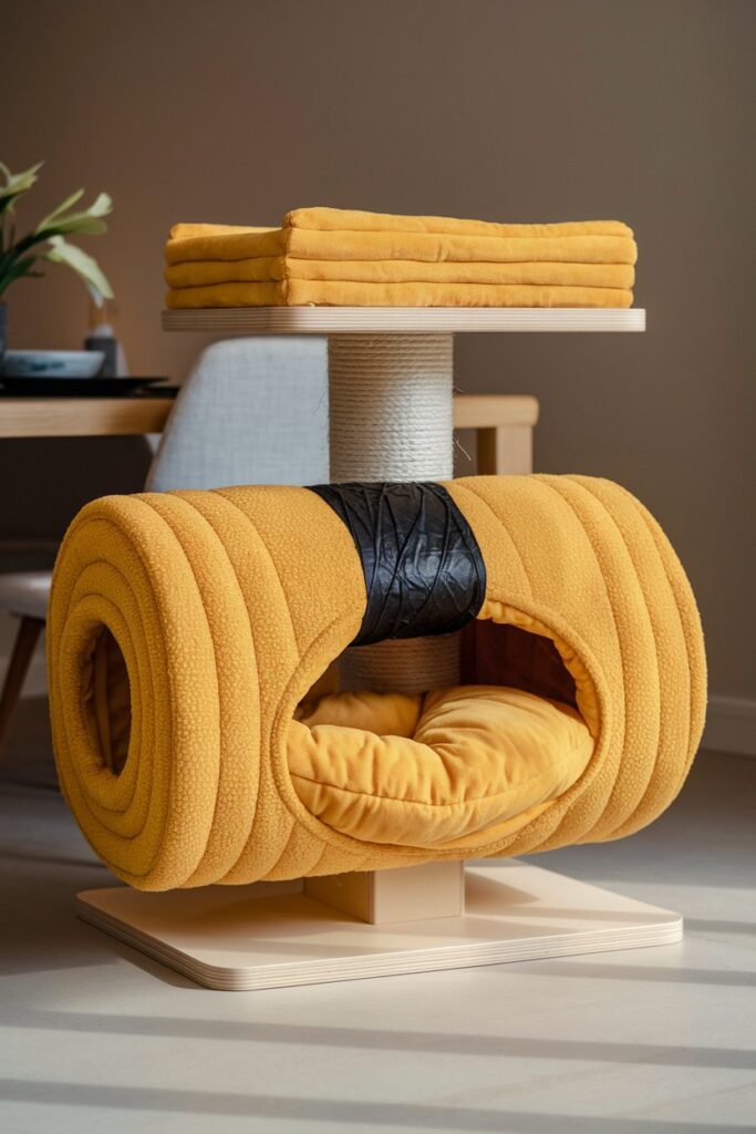 Cozy yellow tamago sushi cat tree with soft fleece tunnel and nori details – perfect for modern cat furniture lovers.