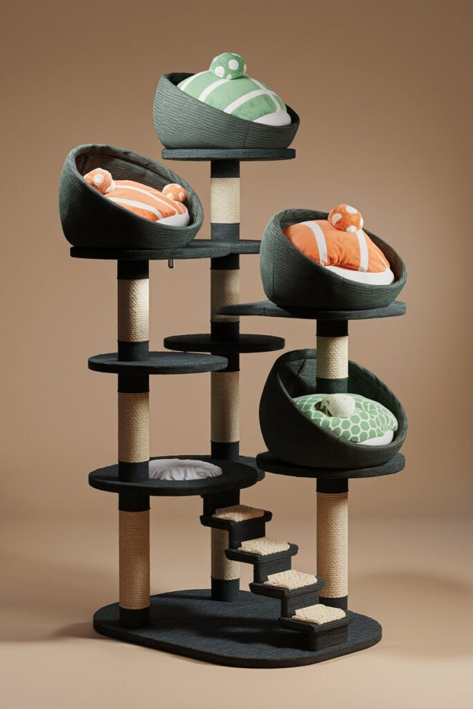 Creative gunkan maki sushi cat condo featuring cozy hideouts, dangling toys, and sisal scratch posts—designed for playful, happy cats.