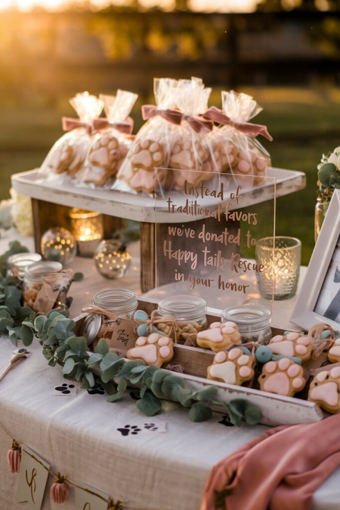 Custom dog stickers and paw print cookies at a pet-inclusive wedding favor table