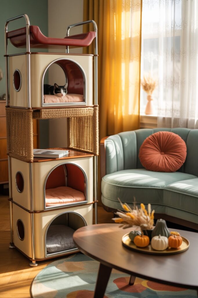 DIY mid-century cat tower design in a fall home decor scheme of olive, ochre, and terra cotta.