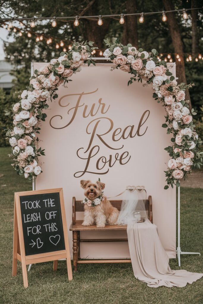 Dog-friendly wedding idea with tuxedo bandanas, floral crowns, and a custom photo booth setup