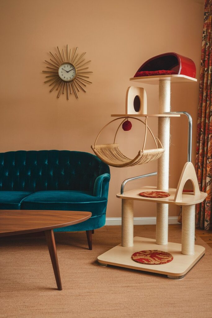 Earthy tones and soft film gran grain a walnut-veneered cat tree styled