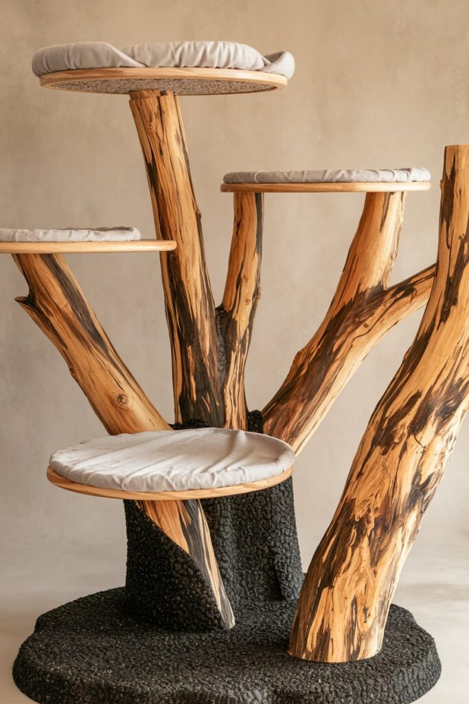 Eco-friendly cat furniture built from reclaimed branches and natural textures, styled for Scandinavian or neutral-toned homes.