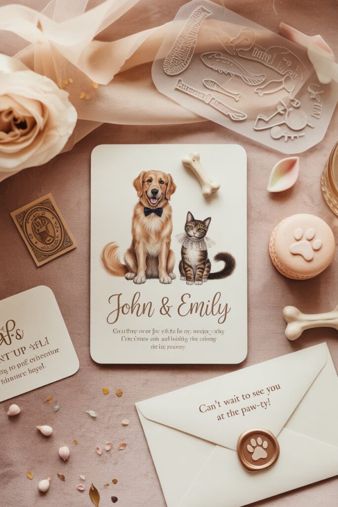 Elegant blush and gold wedding invite with paw print details.