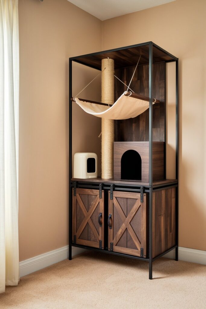 Elegant cat furniture tower with white cube bed, rustic cabinet base, home décor inspiration.