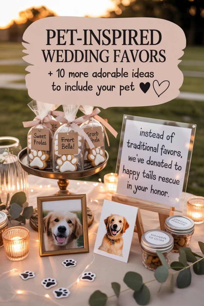 Elegant wedding favor table with pet-themed cookies, custom dog jars, and animal shelter donation card