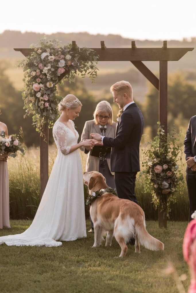 Elegant wedding moment with dog handler and golden retriever in matching flower decor