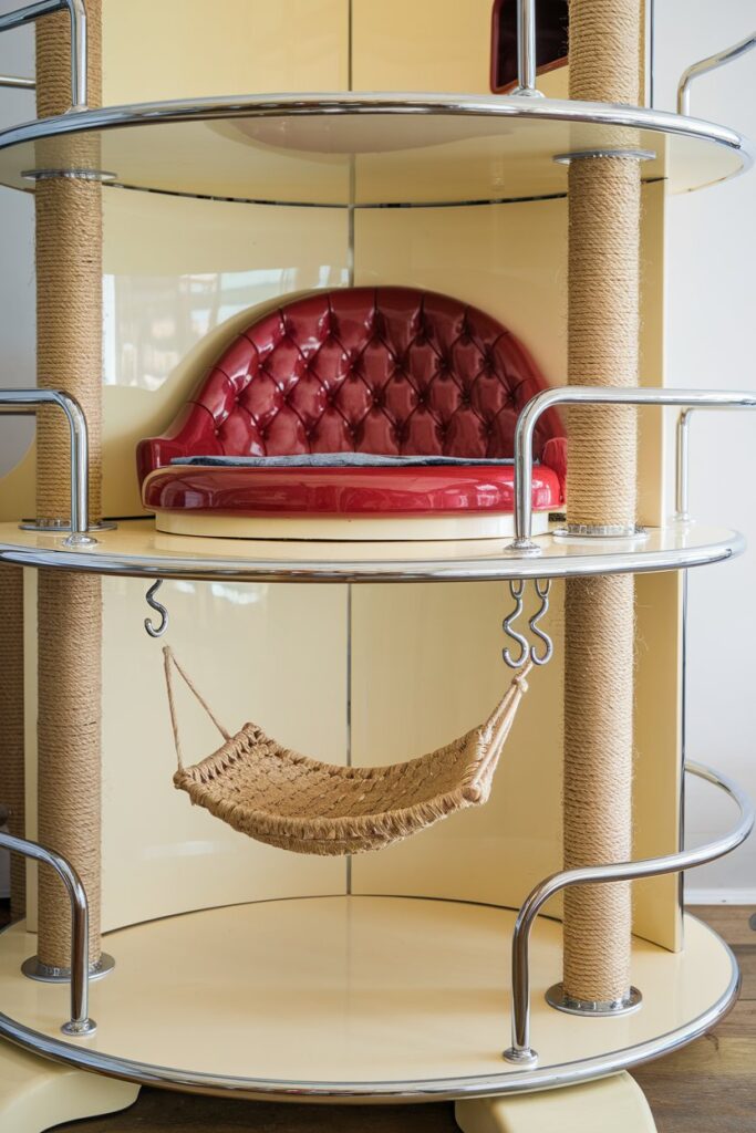 Glossy cream-laminate mid-century cat tower with polished chrome rails and neon backlights, featuring a tufted vinyl lounge and jute hammock – a perfect Vintage Cat Furniture Designs piece
