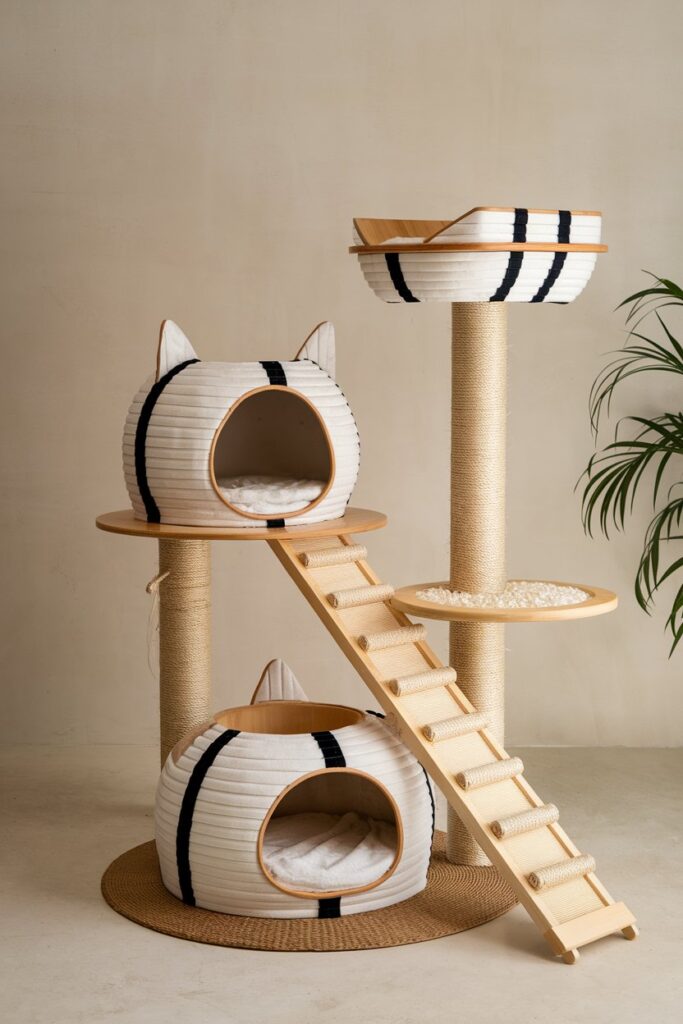 Gunkan sushi cat tree with overflowing plush roe and seaweed wrap pods – adorable and interactive.