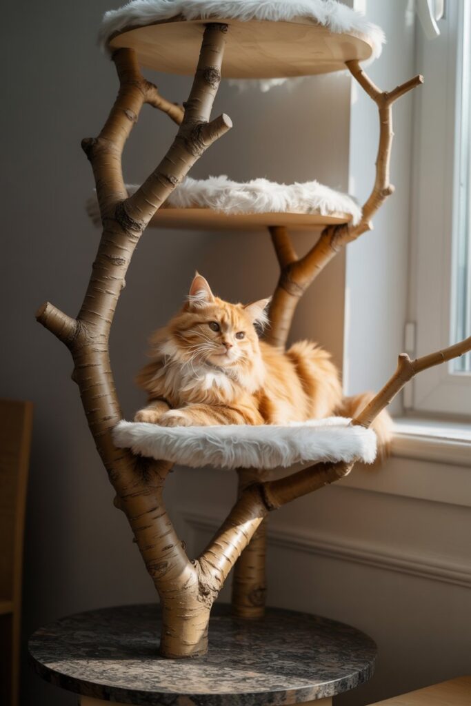 Handmade cat furniture with real wood branches and leafy green details, blending seamlessly into minimalist home décor.