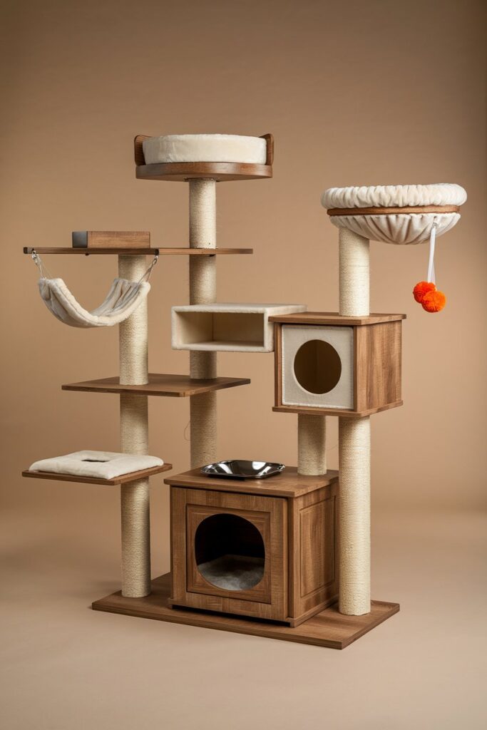 Hidden litter box cabinet meets tall cat tree; boho wood finish, plush cushions, dangling pom toys for spoiled indoor cats