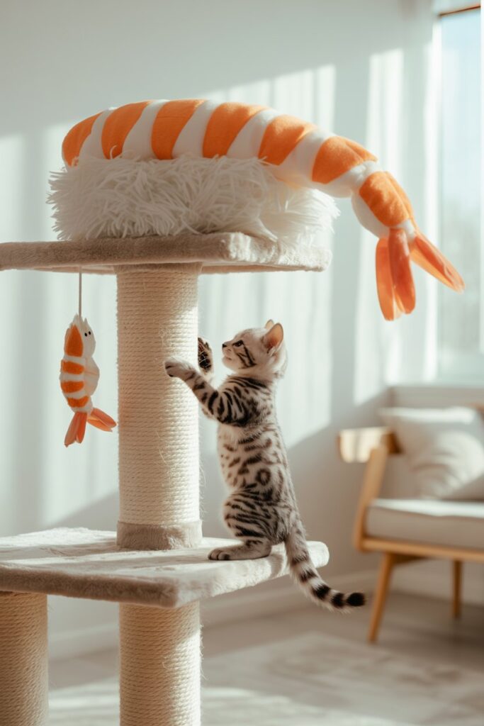 Interactive shrimp hammock cat perch with scratching post – modern sushi-style cat accessory.