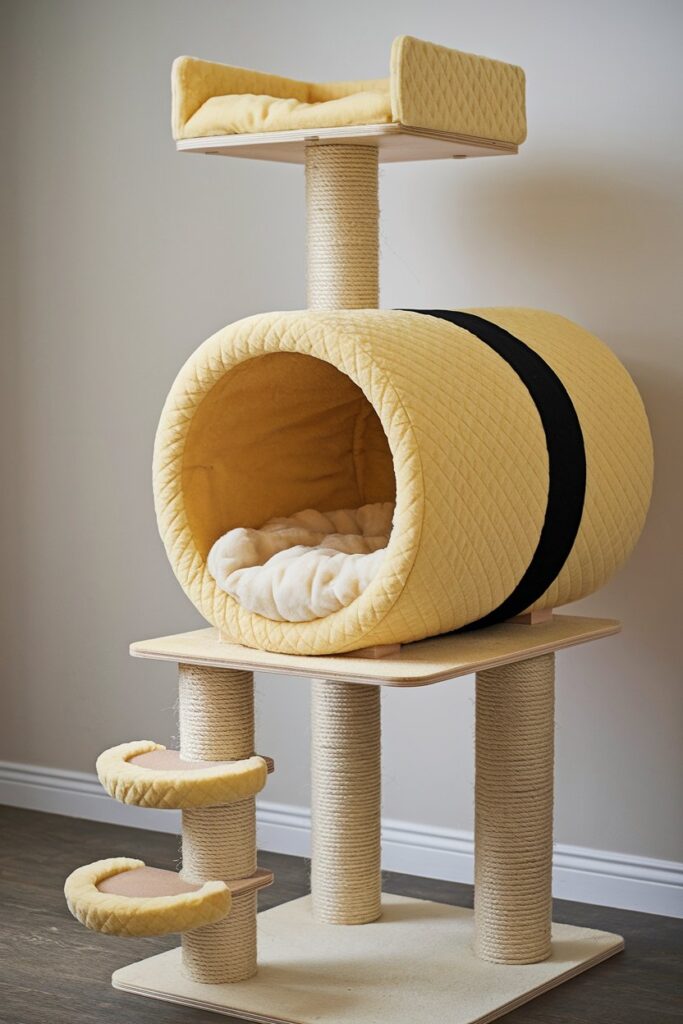 Japanese sushi-style cat furniture in yellow and black, great for cozy cat nooks and stylish interiors.