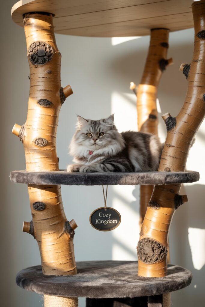 Luxury cat tree with dark stone base and organic wood design, doubling as functional pet furniture and rustic home art.