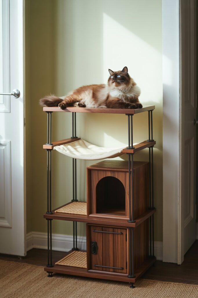Luxury indoor cat condo with sisal scratching post, canvas hammock, hideaway boxes