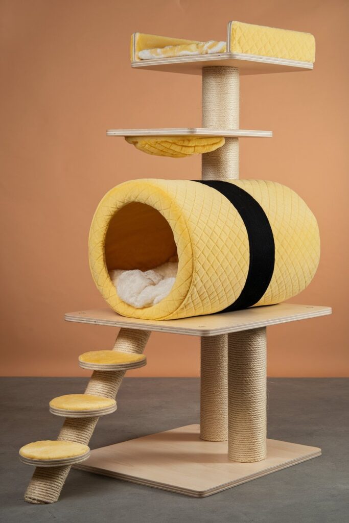 Minimalist cat tree design with tamago omelet shape – adorable pet furniture idea for small spaces.