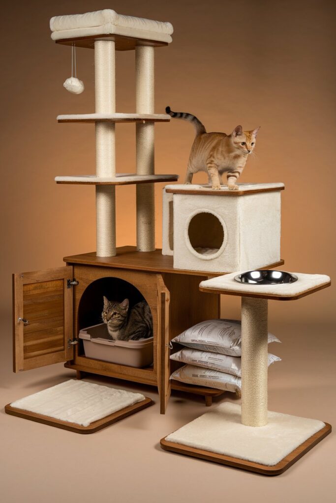 Modern cat tree litter‑box combo with hidden cabinet, hammock & scratching posts — chic space‑saving cat furniture for apartments.