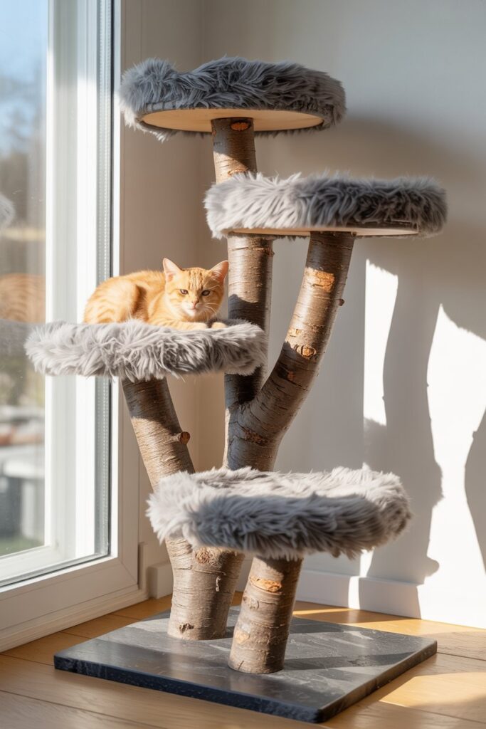 Aesthetic cat tree that mimics a real tree, featuring bark-textured branches and cascading ivy, perfect for biophilic interiors.