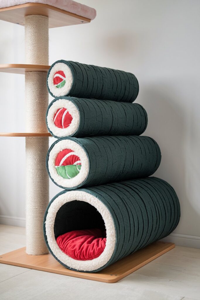 Modern cylindrical tuna roll cat tree with bold red and black sushi colors – stacked cubbies for cats.