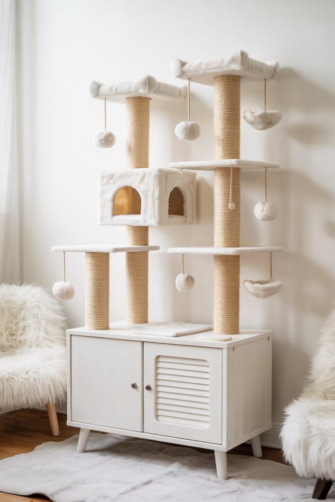 Modern white wood cat condo with cozy hammock and soft faux-fur perches, complete with dangling white pom-poms