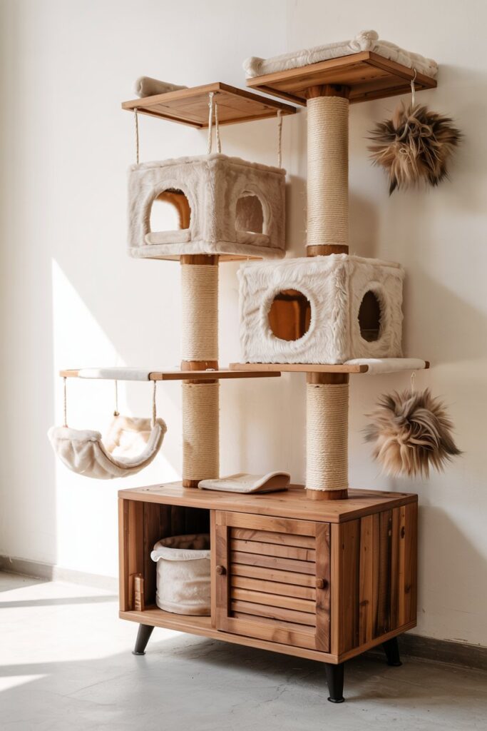 Modern wood-grain cat condo with cozy hammock and soft beige perches, complete with playful pom-poms
