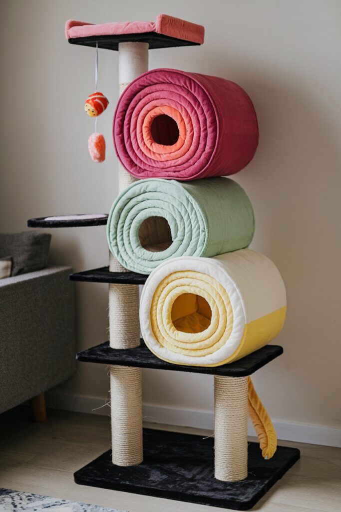 Multicolor sushi cat tower with avocado, salmon, tuna and rice accents – ideal for Pinterest cat decor.