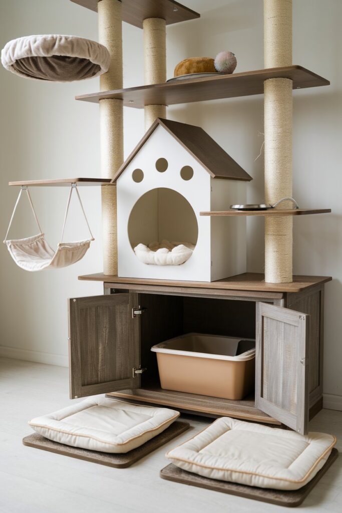 Multi‑level cat tower & concealed litter box enclosure; rustic wood + cream plush design for stylish small‑space cat rooms