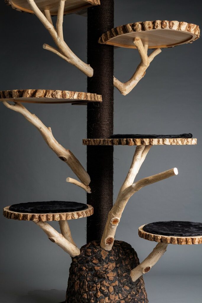 Nature-themed cat tree crafted from gnarled wood and artificial greenery, a unique statement piece for stylish pet corners.