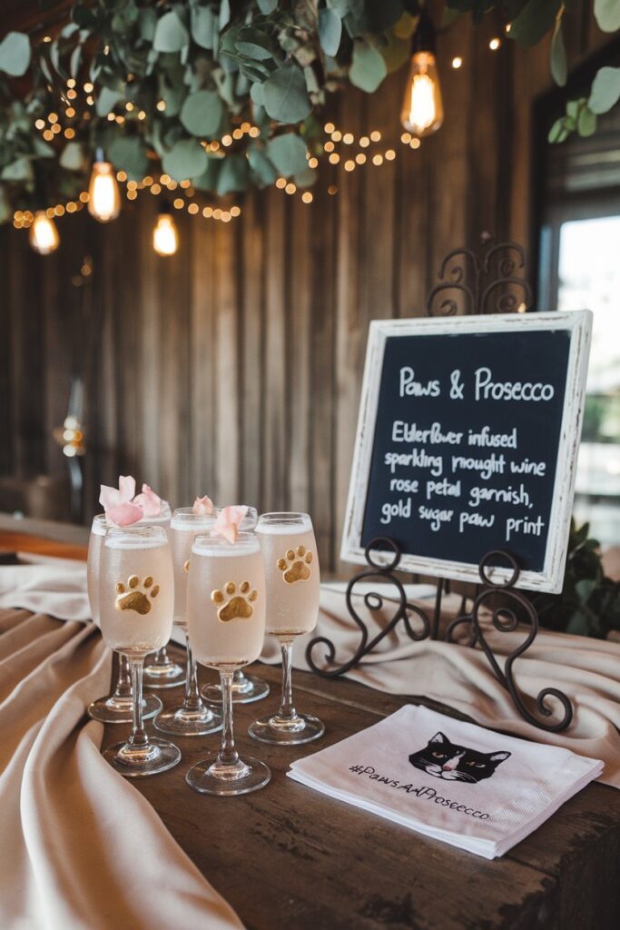 Paws & Prosecco served in coupe glasses with floating rose petals and edible paw prints, a hand-lettered cat caricature on the bar sign