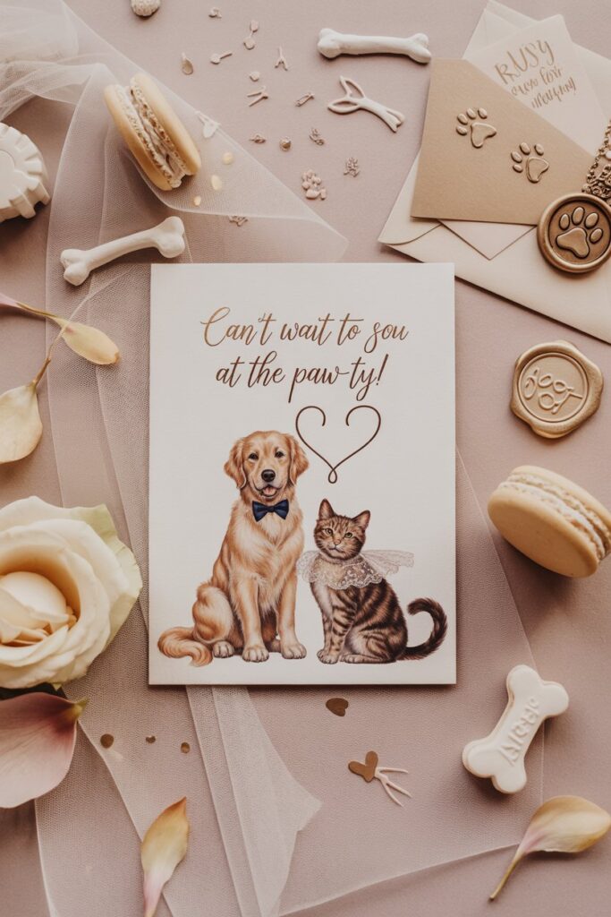 Custom wedding stationery featuring pets in bow ties and veils.